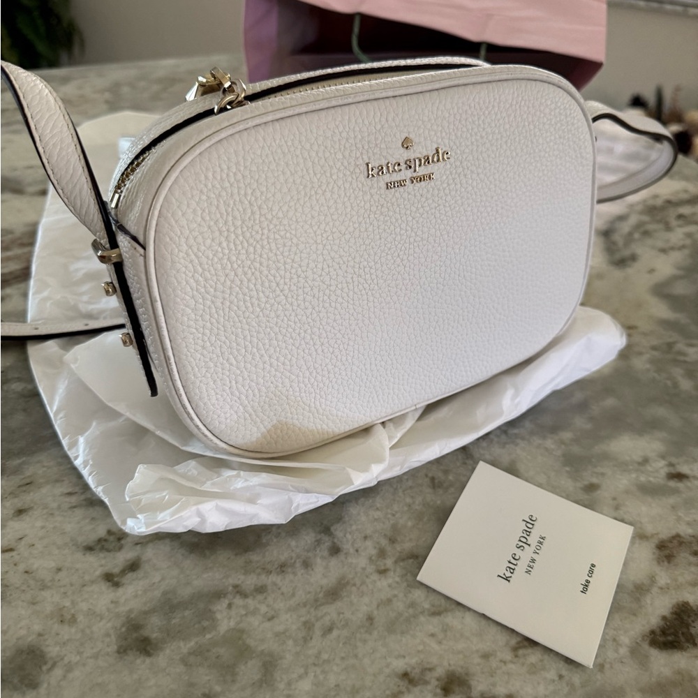 kate spade White Pebbled Leather Camera Crossbody with Gold Hardware